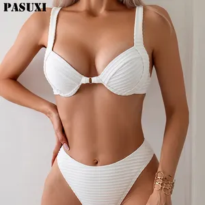 PASUXI Custom Logo Lady High Waist Breathable Swimsuit Summer Sustainable Recycled Fabric Bikini Push Up Beachwear