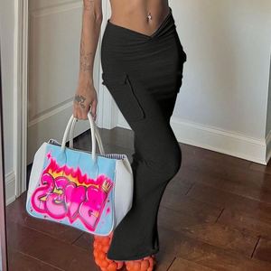 Nouvel article 2025 élégant décontracté taille <span class=keywords><strong>haute</strong></span> poche froncé couleur unie mince Sexy <span class=keywords><strong>jupe</strong></span> longue - Product Image 6