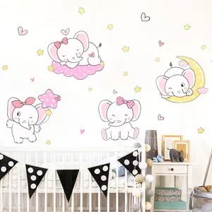 ملصقات جدار من الطفل الفيل مع الوردي البولكا نقطة القوس الأطفال غرفة الحضانة خزانة صائق الكرتون الحيوانات ملصقات جدار