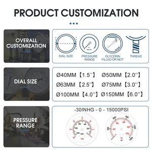 Medidor de pressão de aço inoxidável de 63 mm com mostrador de 2,5 '' cápsula de pressão com faixa de pressão personalizada 1/4''NPT montagem inferior 1.6 precisão