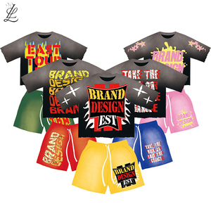 Set da <span class=keywords><strong>uomo</strong></span> personalizzato 2 pezzi tute con LOGO personalizzato jogging tute Vintage Acid Wash t-shirt sportiva <span class=keywords><strong>oversize</strong></span> e pantaloncini - Product Image 1