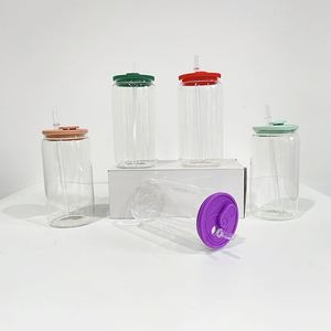 Ready to Ship Clear 16oz Sublimation clear Glass Can with Silicone Lid Elegant Shaped Drinking Frosted 16oz Glass <b>Cup</b> - Product Image 2