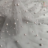 Tela de encaje de tul de malla con cuentas de perlas de 10 a 20 metros para pedir en línea, de alta calidad, 3D, para vestido de novia y fiesta