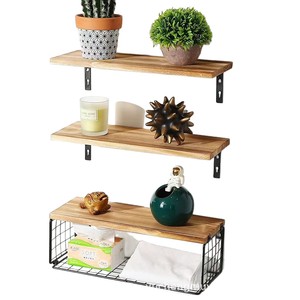 Wooden <b>Wall</b> <b>Mounted</b> <b>Shelf</b> Iron Wood Combination Kitchen Organizer Living Room Plant Storage Rack Rectangle Durable - Product Image 2