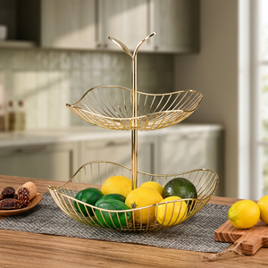 Panier à fruits double niveau en métal, panier de rangement rond, design moderne pour cuisine, type sur pied, conception soudée durable - Product Image 6