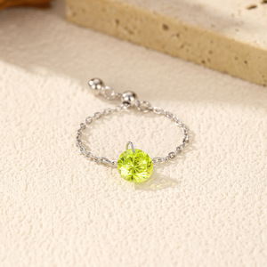 S925 Silver <b>Dainty</b> Round Green Zircon Adjustable Chain <b>Ring</b> Silver Plated Open Stackable <b>Ring</b> for Women Daily Birthstone Jewelry - Product Image 3
