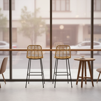 Tabouret de bar pliant contemporain en rotin tressé avec structure en acier, dossier haut, minimaliste, décontracté, pour l'extérieur, mobilier de bar et de salle à manger