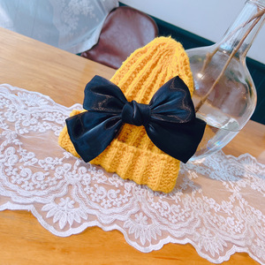 Chapeaux en tricot torsadé chaud double couche pour enfants filles bébé en satin nœud papillon tricoté hiver bonnet chaud avec nœud papillon - Product Image 6