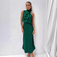 Nouvelle Collection Printemps/Été Europe Amérique – Robe sans manches en satin polyester haut de gamme, couleur unie, taille haute, col montant