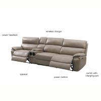 Ensemble de canapés inclinables modernes avec haut-parleur Bluetooth, chargeur sans fil, port USB, console - Cuir véritable, bois, sièges de cinéma maison