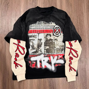 Camisetas de <span class=keywords><strong>Manga</strong></span> <span class=keywords><strong>Larga</strong></span> Térmicas de Pana Oversize con Gráfico Personalizado para Hombre Estilo Vintage Serigrafiadas de Doble Capa - Product Image 1