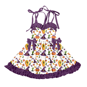 Robe d'été pour filles en soie de lait, à volants et bretelles, avec nœuds latéraux et imprimé intégral, coupe évasée - Product Image 3