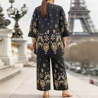 Ensemble décontracté imprimé style vacances grande taille, chemise à manches 2/3 boutonnée et pantalon ample à jambes larges, ensemble deux pièces bicolore
