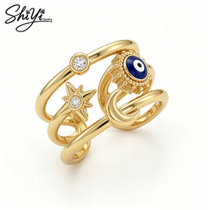 Anillo Bohemio Ojo Turco Luna Estrella Chapado en Oro 14K con Zirconia, Anillo de Moda Ajustable de Banda Abierta, Joyería para Mujer - Product Image 1