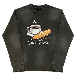 เสื้อยืดแขนยาวสีเทาเข้ม ลายธีมคาเฟ่แม่น้ำแซน เสื้อลำลองลายร้านกาแฟสไตล์ปารีสย้อนยุค สวมใส่สบายในชีวิตประจำวัน - Product Image 3