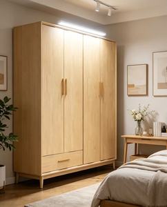 Armoire scandinave moderne en bois avec portes à panneaux plats, poignées en laiton, meuble de chambre autoportant en bois massif - Product Image 6