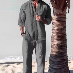 Men's Crinkled Mid-Sleeve Two-Piece Set - Summer Oversized Loose Fit Casual Outfit &amp; Breathable T-Shirt <strong>Combo</strong> - Product Image 3