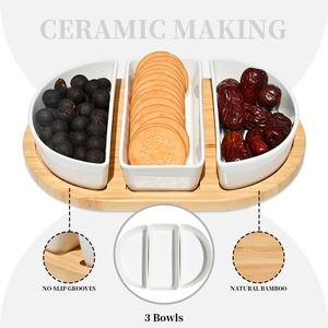 Luxury Wholesale Handcraft Natural Bamboo Serving <b>Plate</b> <b>Ceramic</b> Bowls Non Slip Groove for Dessert Nuts Fruits - Product Image 5