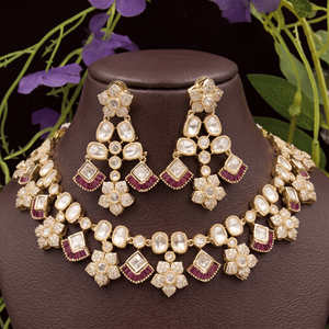 Elegant Trendy Brass Gold Plated Moissanite <b>Charm</b> Necklace Set Maroon Baguette Accents Matching Drop Earrings Rope Chain <b>Wedding</b> - Product Image 2
