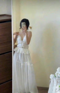 Conjunto de Dos Piezas: Camisola Blanca de Algodón Sólido y Falda Larga, Manga Larga, Sin Cuello, Transpirable, Corte Regular, Cómodo - Product Image 2