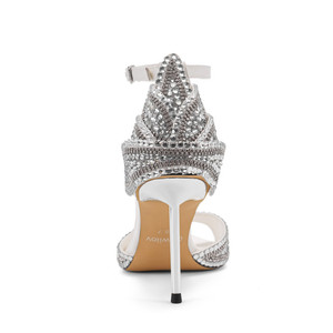 Sandalias de tacón alto plateadas con diamantes y flores para mujer, zapatos de vestir con punta en pico, correa de tobillo y hebilla, estilo stiletto. - Product Image 2