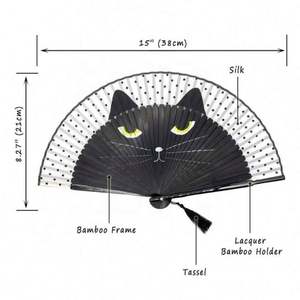 Éventail pliant en soie et bambou motif chat de dessin animé pour femme, petit style japonais, idéal pour les fêtes ou les décorations de mariage - Product Image 2