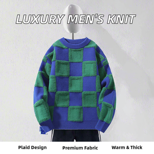 Suéteres de Punto a Cuadros de Lujo para Hombre, Otoño Invierno, Antiencogimiento, Transpirables, Tejido Grueso, Hechos de Acrílico Cálido de Alta Calidad - Product Image 2