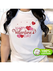 T-shirt per San Valentino da donna, manica corta, girocollo, vestibilità comoda, casual, stampata con cuori e lettere, jersey 100% cotone - Product Image 3