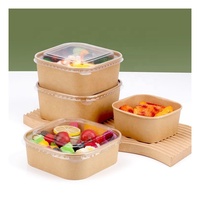 Emballage alimentaire à emporter en kraft personnalisé avec impression de logo, contenants carrés pour salade de fruits de 500 ml, 650 ml, 750 ml, 1200 ml avec couvercle en papier