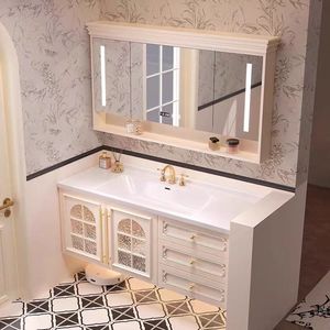 French cream bathroom cabinet <b>oak</b> with heat-bent integrated basin wall-mounted wall cabinet with LED light strip - Product Image 4