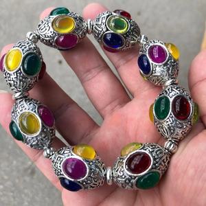 Retro <strong>Tibetan</strong> <strong>Silver</strong> Inlaid with Jade Six-character Maxim Bracelet Punk Lucky Beaded - Product Image 1