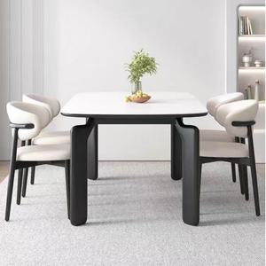 Table à manger en marbre rectangulaire moderne simple, plateau en pierre blanc mat, table et chaises - Product Image 1