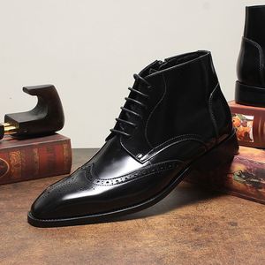 New Style Retro Lace-up Flat Mens Short Boots Glossy Genuine Leather Brocade Carved Design Ankle <b>Bootie</b> Casual Shoes Pointed Toe - Product Image 3