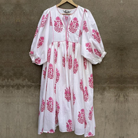 Robe Bohème Légère à Col en V et Taille Cintrée en Coton Indien Imprimé, Longueur Genou, Coupe Ample et Modeste, Personnalisable