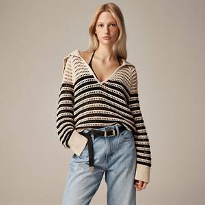 OEM <span class=keywords><strong>Pull</strong></span> à col <span class=keywords><strong>marin</strong></span> en crochet pour femmes à la mode personnalisé <span class=keywords><strong>Pull</strong></span> en tricot à rayures pour femmes <span class=keywords><strong>Pull</strong></span> polo avec design évidé - Product Image 4