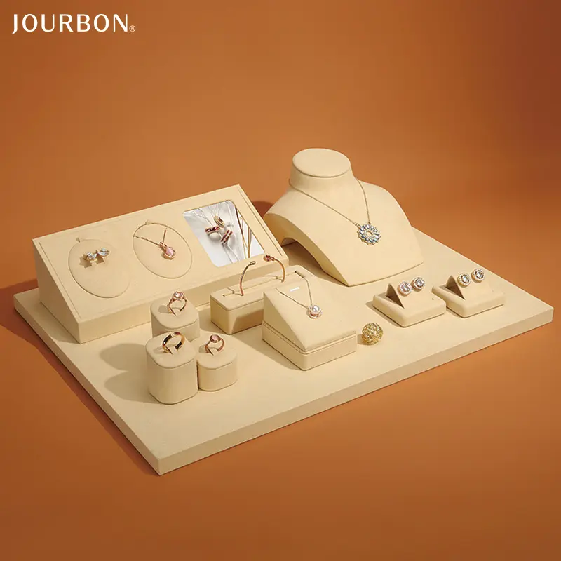 Jourbon Beige Ring Armband Ketting Display Houder Sets Micro Fiber Luxe Sieraden Display Voor Winkel Teller