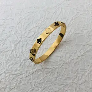 Xixi Không Thấm Nước Thép Không Gỉ Thiết Kế 18K Vàng Mạ Zircon Phụ Nữ Cuff Bốn Lá Clover Thời Trang Trang Sức Vòng Đeo Tay Vòng Đeo Tay