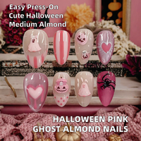 Ongles à presser en ABS rose fantôme tendance pour Halloween, couvrance totale, avec colle, motifs mignons cœur, citrouille, carreaux, style français, vente en gros