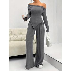 ชุดลำลองใหม่ เสื้อถักคอปกเดี่ยวแบบเปิดไหล่ กางเกงขายาวทรงกว้าง ชุดเซ็ต 2 ชิ้นสำหรับผู้หญิง แฟชั่น - Product Image 3