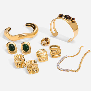 ชุดเครื่องประดับแฟชั่น สแตนเลสสตีล ดีไซน์เรขาคณิต ประดับด้วยหินไทเกอร์อาย สำหรับงานปาร์ตี้ สีทอง ประกอบด้วยต่างหู สร้อยข้อมือ และสร้อยคอ - Product Image 1