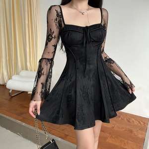 休闲连衣裙 女式复古花卉蕾丝迷你连衣裙 优雅喇叭形长袖 A 字形性感舞会晚宴派对 - Product Image 2