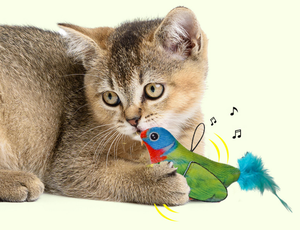 Plüschiges, simuliertes, geräuschmachendes Vogel-Katzenspielzeug, interaktives zwitscherndes Katzenangel-Set mit Feder und Katzenangelstab - Product Image 5