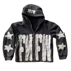 Clothing Custom Manufacturerwashed French Terry Hoodies Applique Patch Embroidery Vintage Distressed Acid Wash Zip up Hoodie - Product Image 1