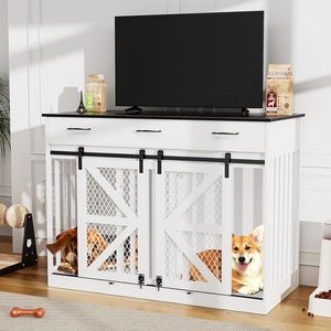 Keptory 48 ''lüks Modern çift köpek kafes ahşap sandık çıkarılabilir bölücü depolama çekmeceler 2 sürgülü ahır kapıları çok fonksiyonlu - Product Image 3