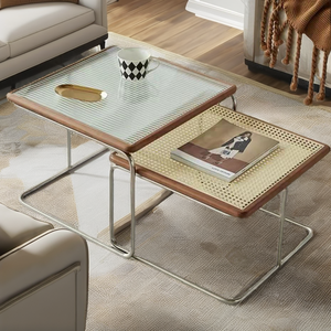 Ensemble complet de meubles de salon au design minimaliste moderne, 2 tables basses à double plateau en verre avec structure en acier, faciles à nettoyer - Product Image 2