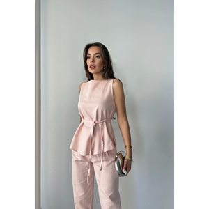 Conjunto de traje de lino modelo Massimo, blusa sin mangas y pantalones de color polvo para mujer, talla S, ropa formal elegante - Product Image 2