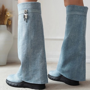 Big Size 48 Women Round Toe Overlay Wedge Heels Shoes Bright Metallic Lock Shark Booties Cowgirls Thick Soles Knee High <b>Boots</b> - Product Image 4