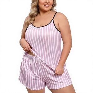 Women Elegant Striped Satin Lounge Set Sleeveless Cami Shorts Summer Sleepwear Elastic Waist 2-Piece Casual Wear Front Logo - Product Image 6