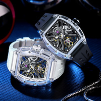 Montre mécanique squelette de luxe sportive en promotion pour homme, boîtier transparent en polycarbonate, bracelet en silicone, montre-bracelet automatique pour jeune homme