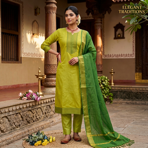 Slub Cotton Indian Pakistani Set <b>Kurta</b> Pant Dupatta Quick Dry <b>Women</b> Ethnic Loose Fit Casual Festive Outfit In-Stock - Product Image 1